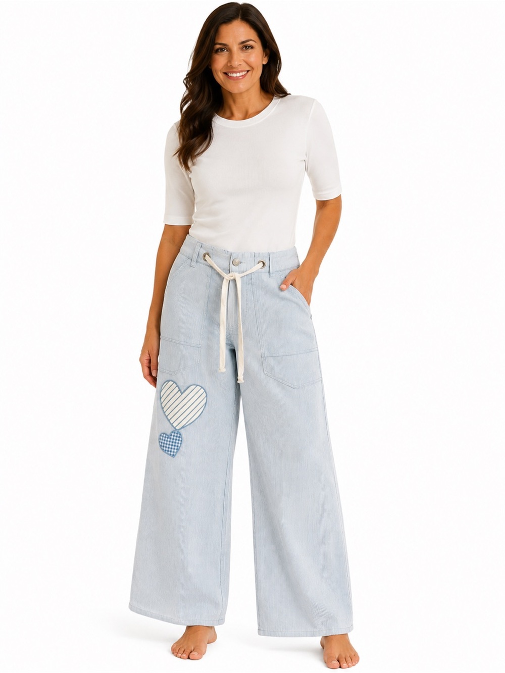Light Blue Wide-Leg Heart Patch pin striped pants with Drawstring Waist - Women